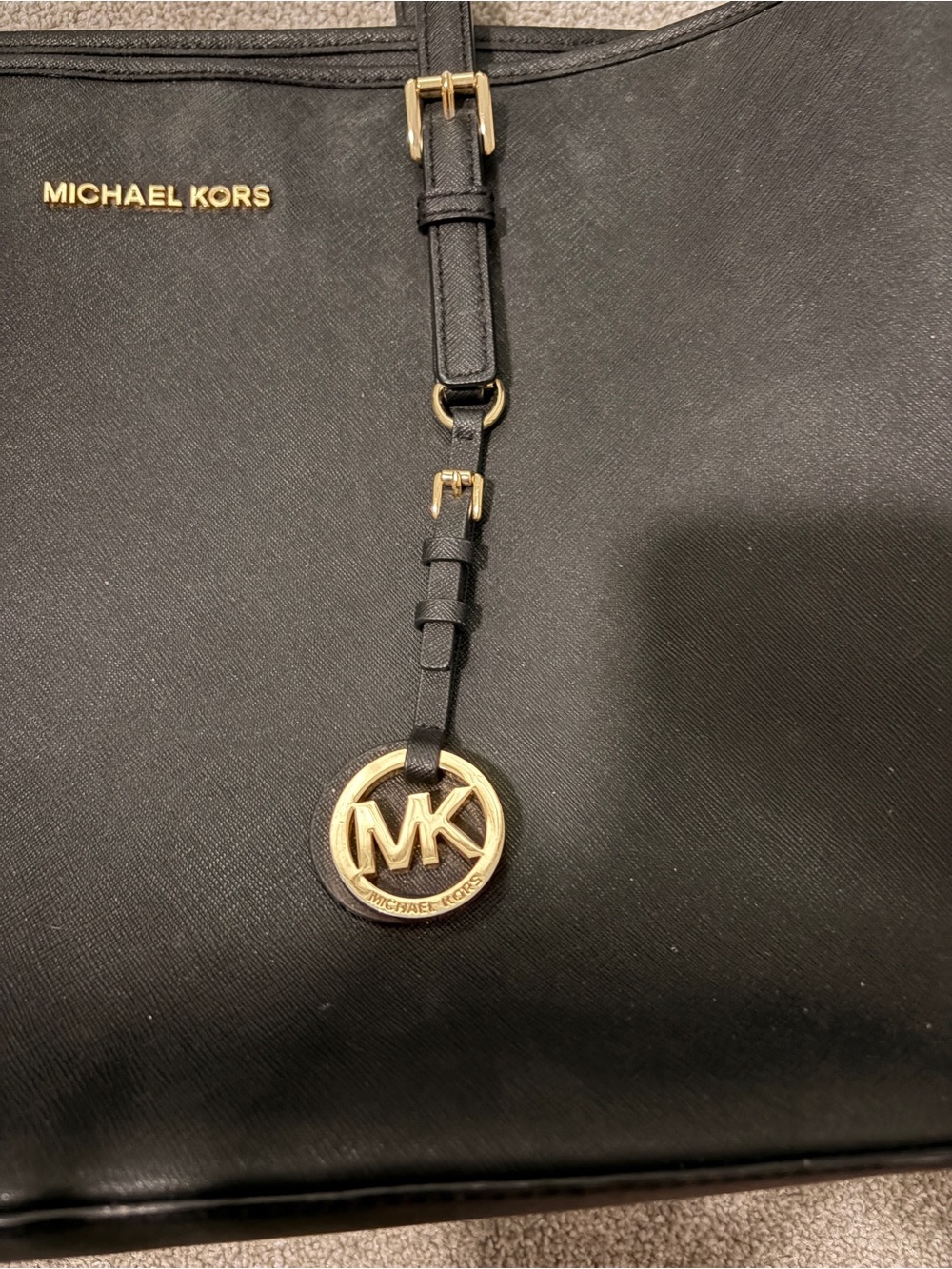 Michael Kors Black Leather Tote with Gold MK Charm - Picture 3 of 13